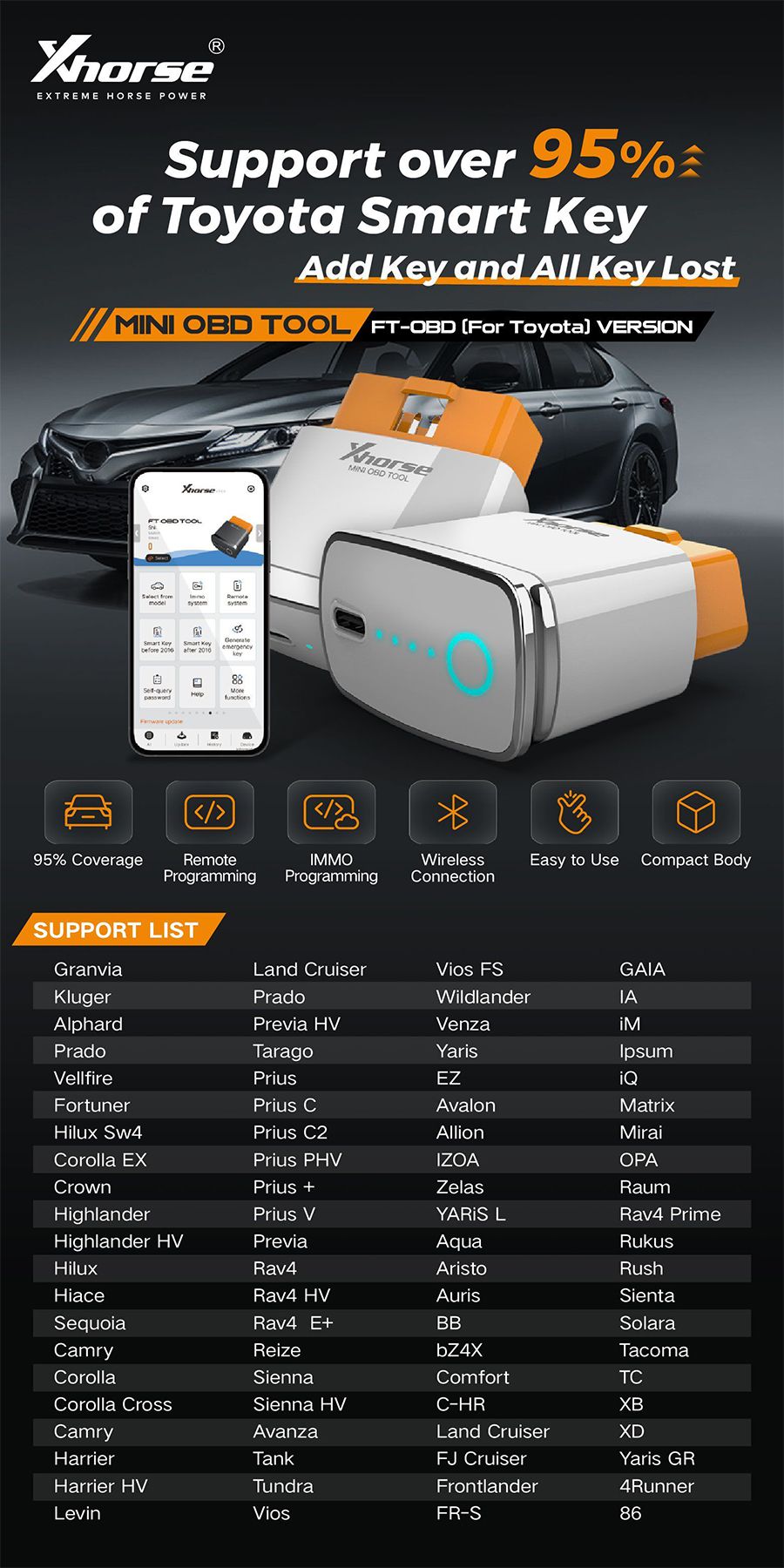 Xhorse MINI OBD TOOL FT-OBD para Toyota Smart Key Support Adicione a chave e toda a chave perdida