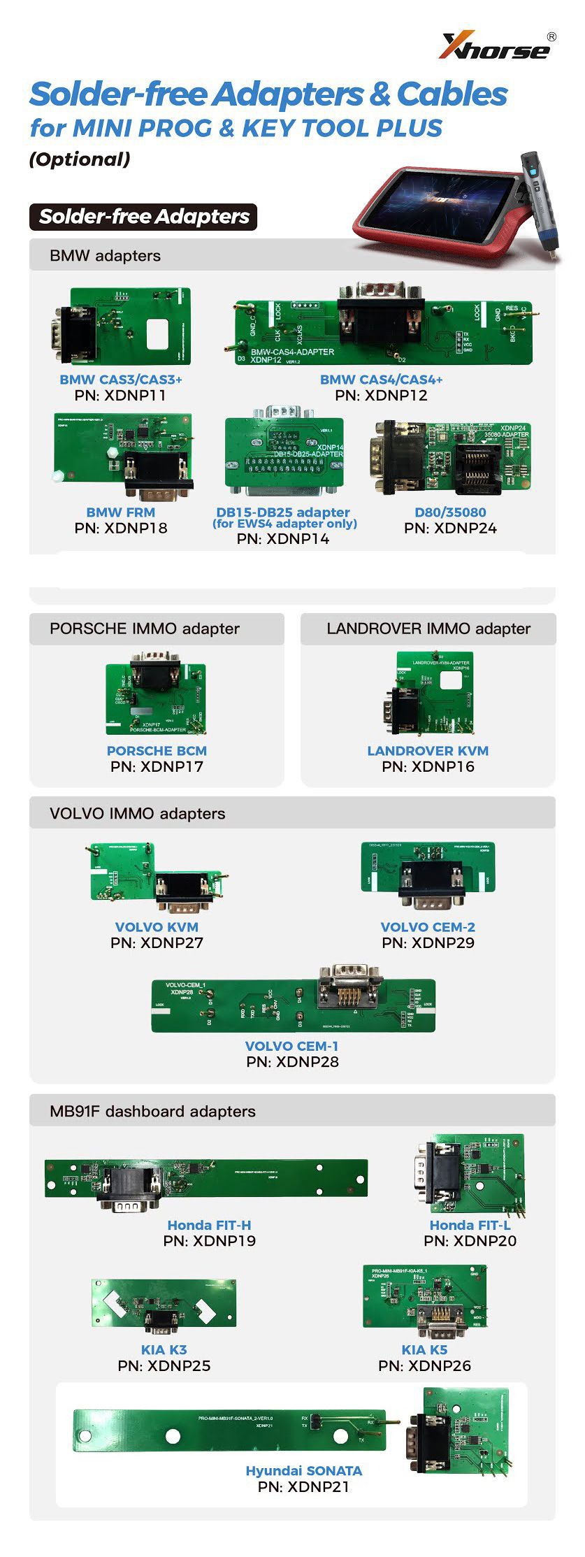 Xhorse Solder-Free Adapters e Cabos Conjunto Completo XDNPP0CH 16pcs 