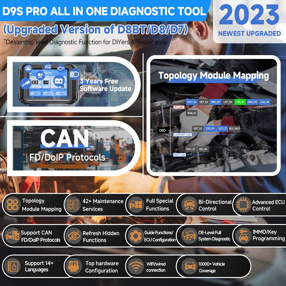 XTOOL D9S PRO Auto Diagnóstico Scanner Apoio ECU Codificação Topologia Mapeamento Programação chave 42 Funções de serviço CAN FD DoIP